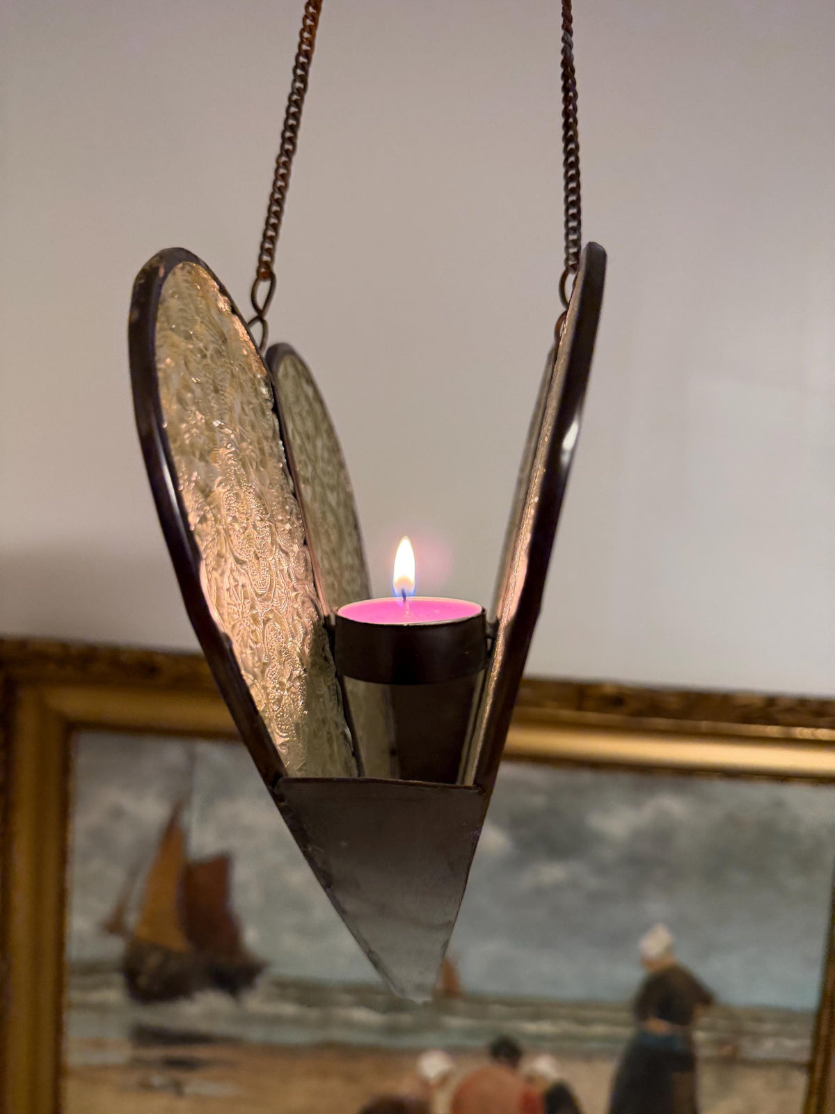 Heart Shaped oriental Hanging  Candle Lantern Pressed Glass Metal Romantic Pendant Candle Holder