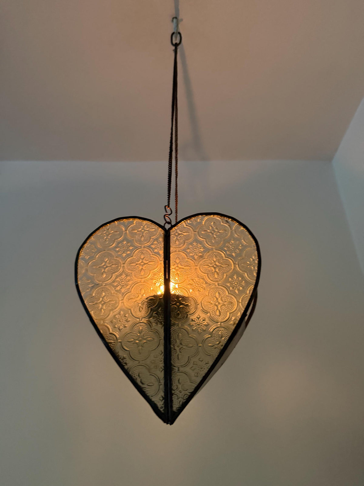 Heart Shaped oriental Hanging  Candle Lantern Pressed Glass Metal Romantic Pendant Candle Holder