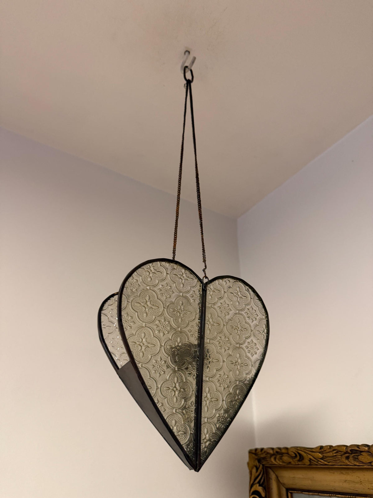 Heart Shaped oriental Hanging  Candle Lantern Pressed Glass Metal Romantic Pendant Candle Holder