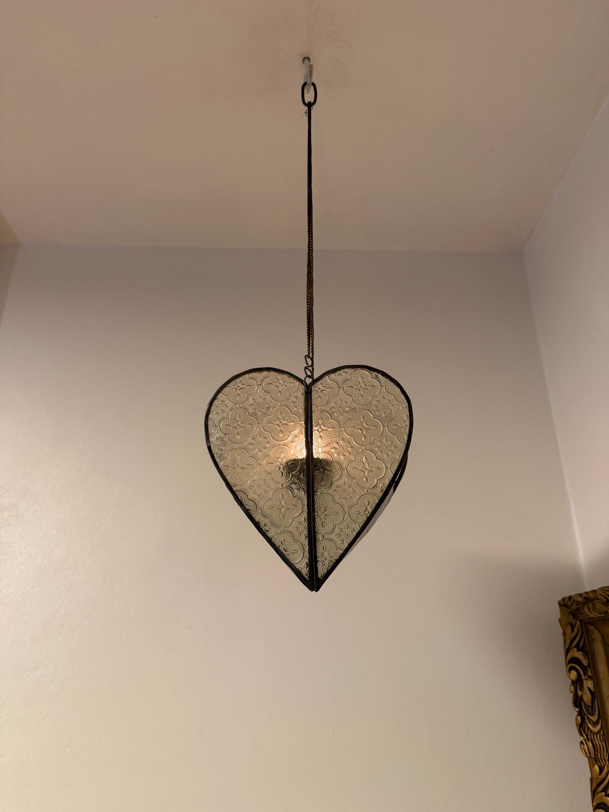 Heart Shaped oriental Hanging  Candle Lantern Pressed Glass Metal Romantic Pendant Candle Holder