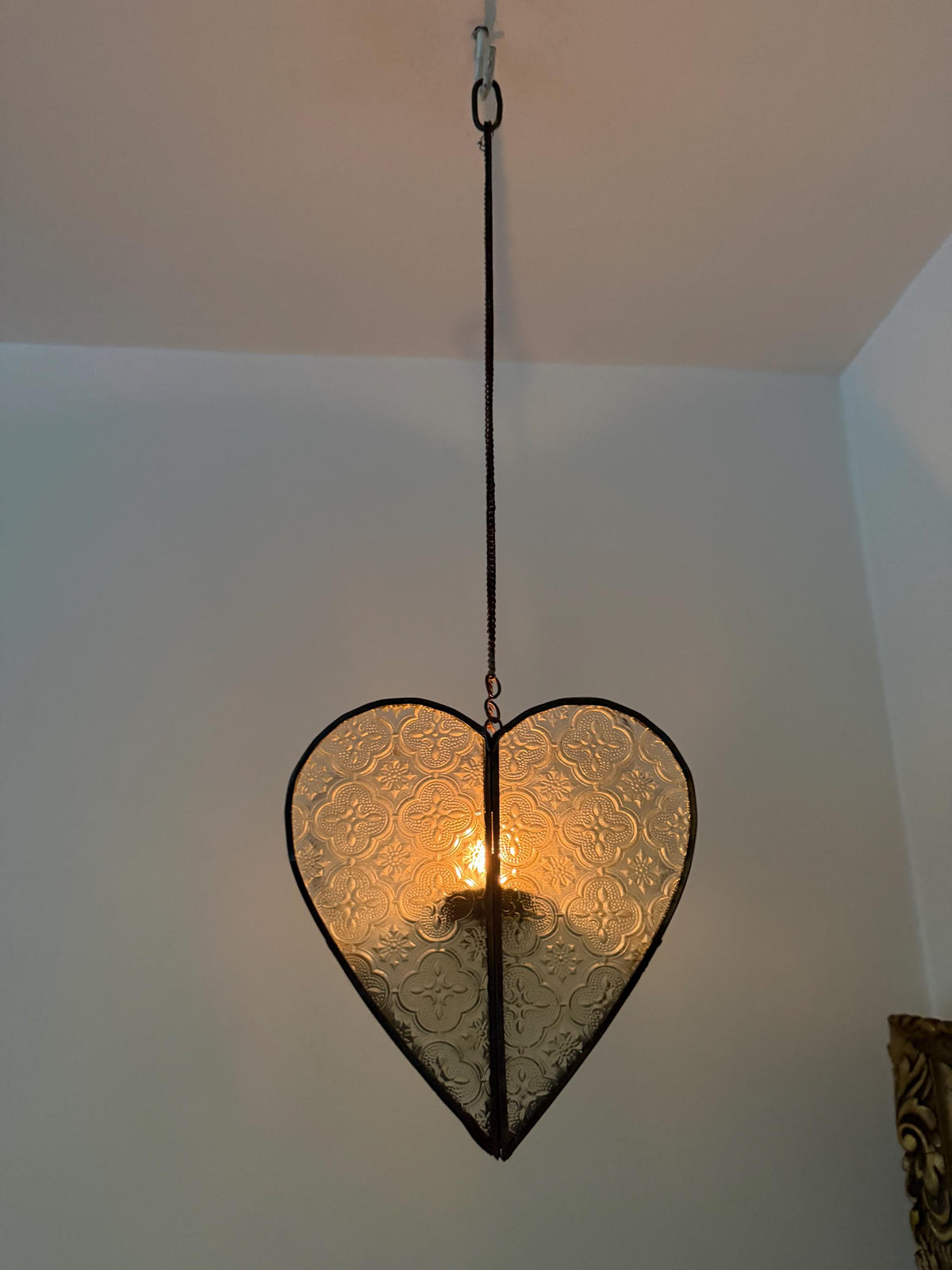 Heart Shaped oriental Hanging  Candle Lantern Pressed Glass Metal Romantic Pendant Candle Holder