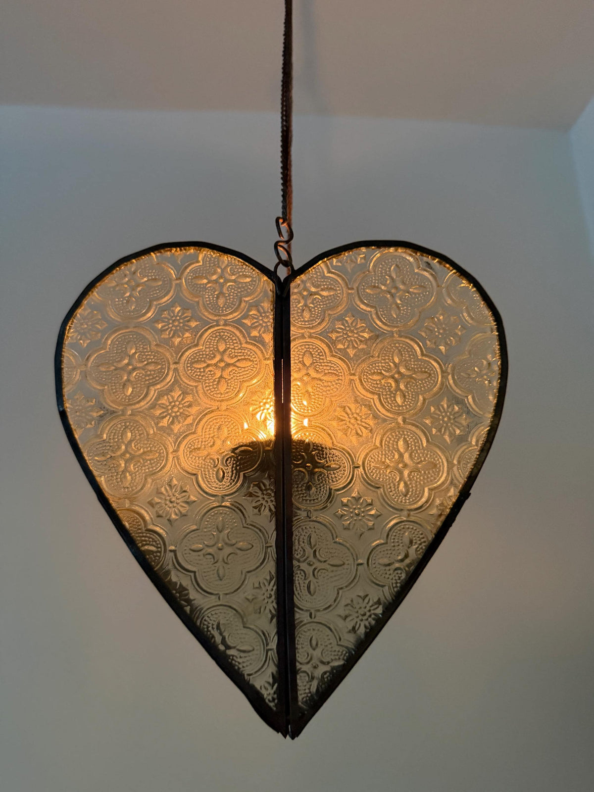 Heart Shaped oriental Hanging  Candle Lantern Pressed Glass Metal Romantic Pendant Candle Holder