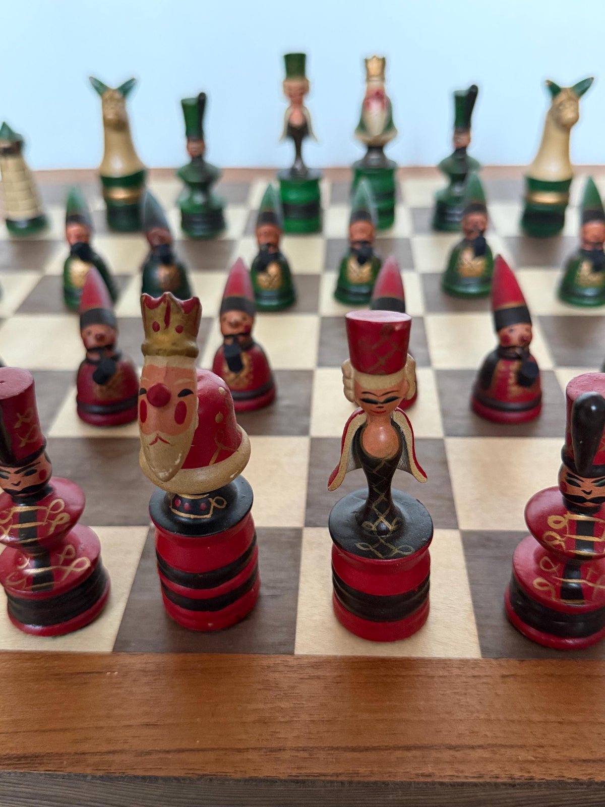 1960s Erzgebirge German Wooden Chess Set Hand Painted Folk Art Chess Checkers Complete Set also dammen and letterbak :) Nutcracker