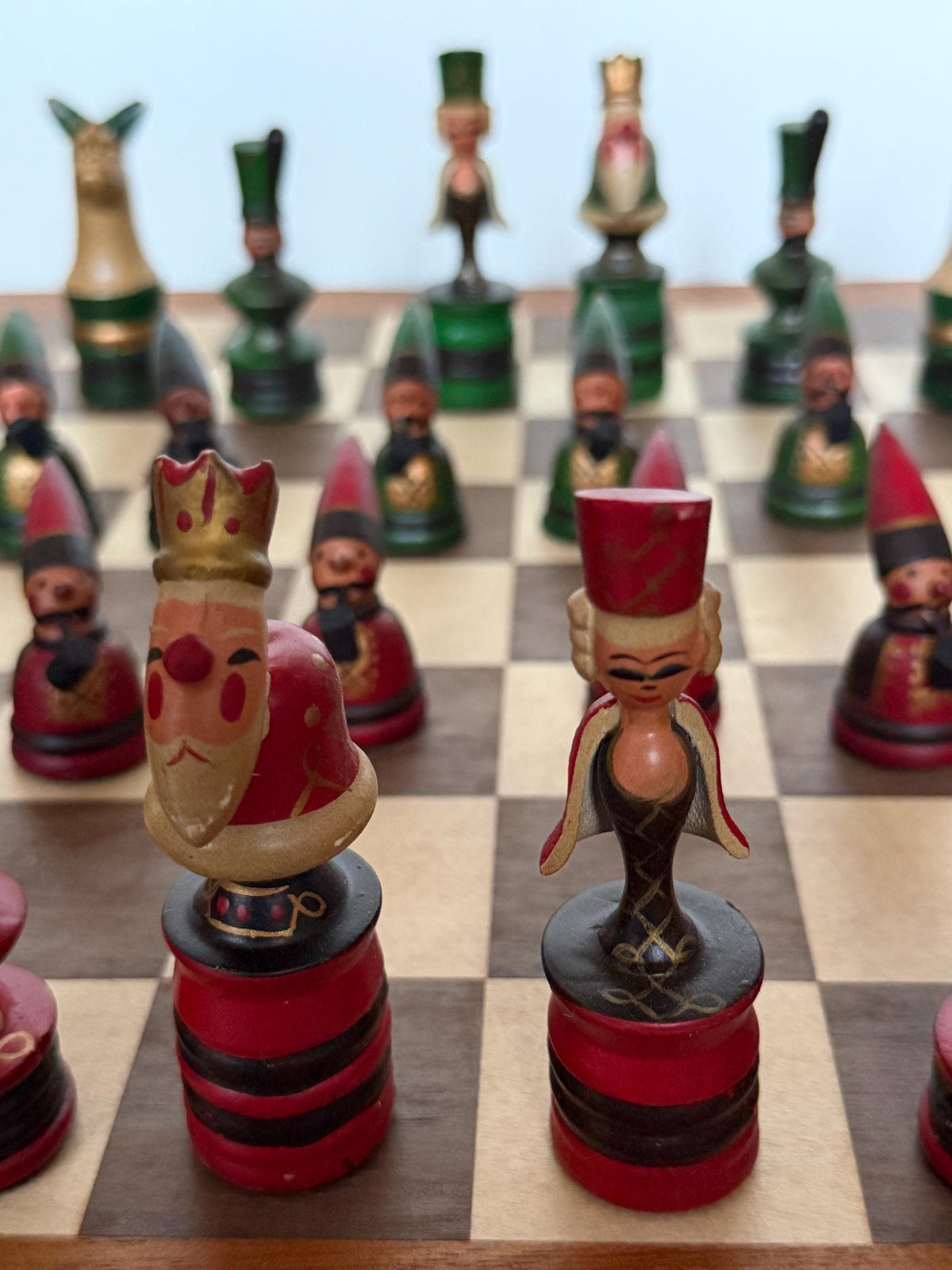 1960s Erzgebirge German Wooden Chess Set Hand Painted Folk Art Chess Checkers Complete Set also dammen and letterbak :) Nutcracker