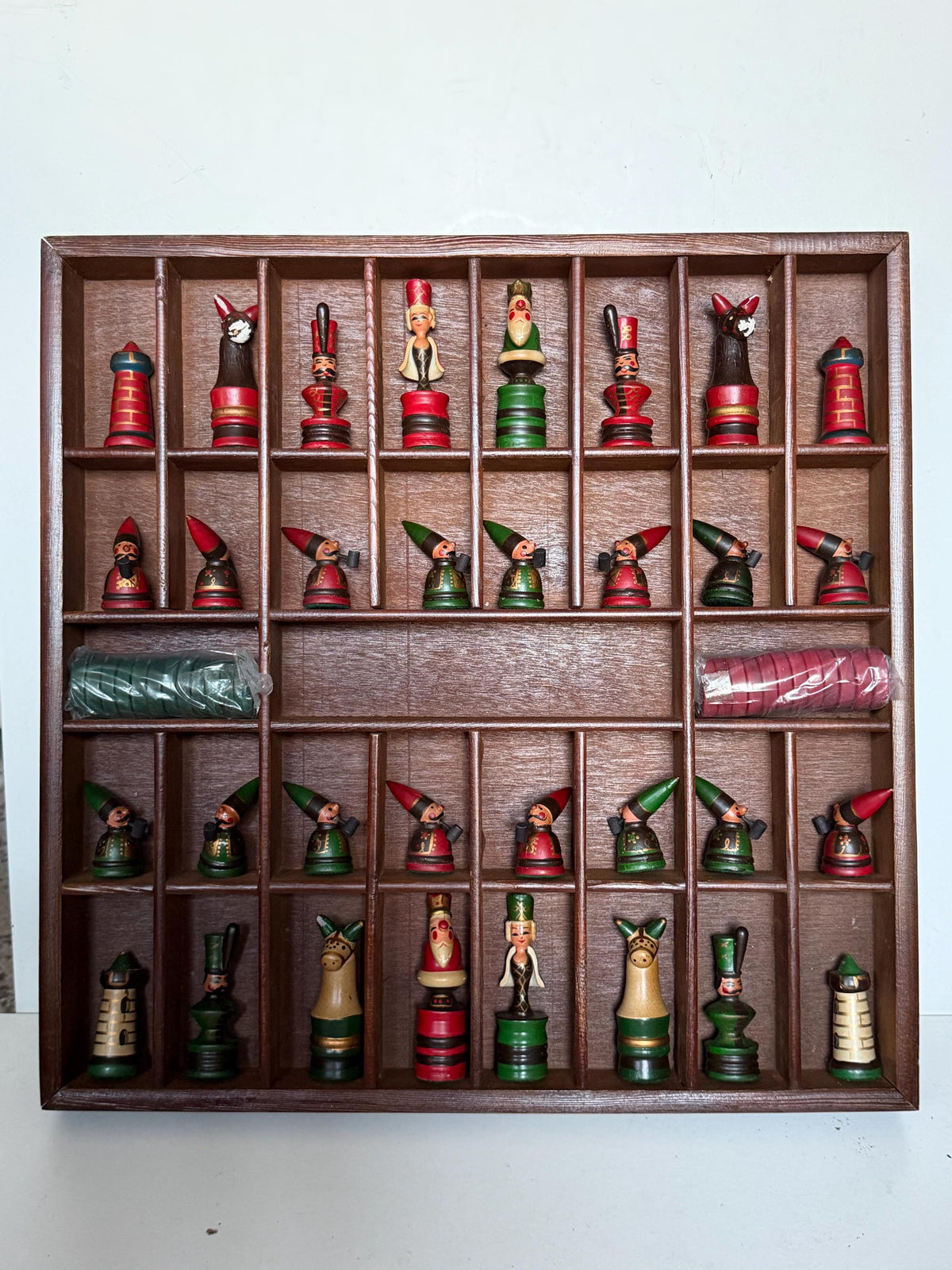 1960s Erzgebirge German Wooden Chess Set Hand Painted Folk Art Chess Checkers Complete Set also dammen and letterbak :) Nutcracker