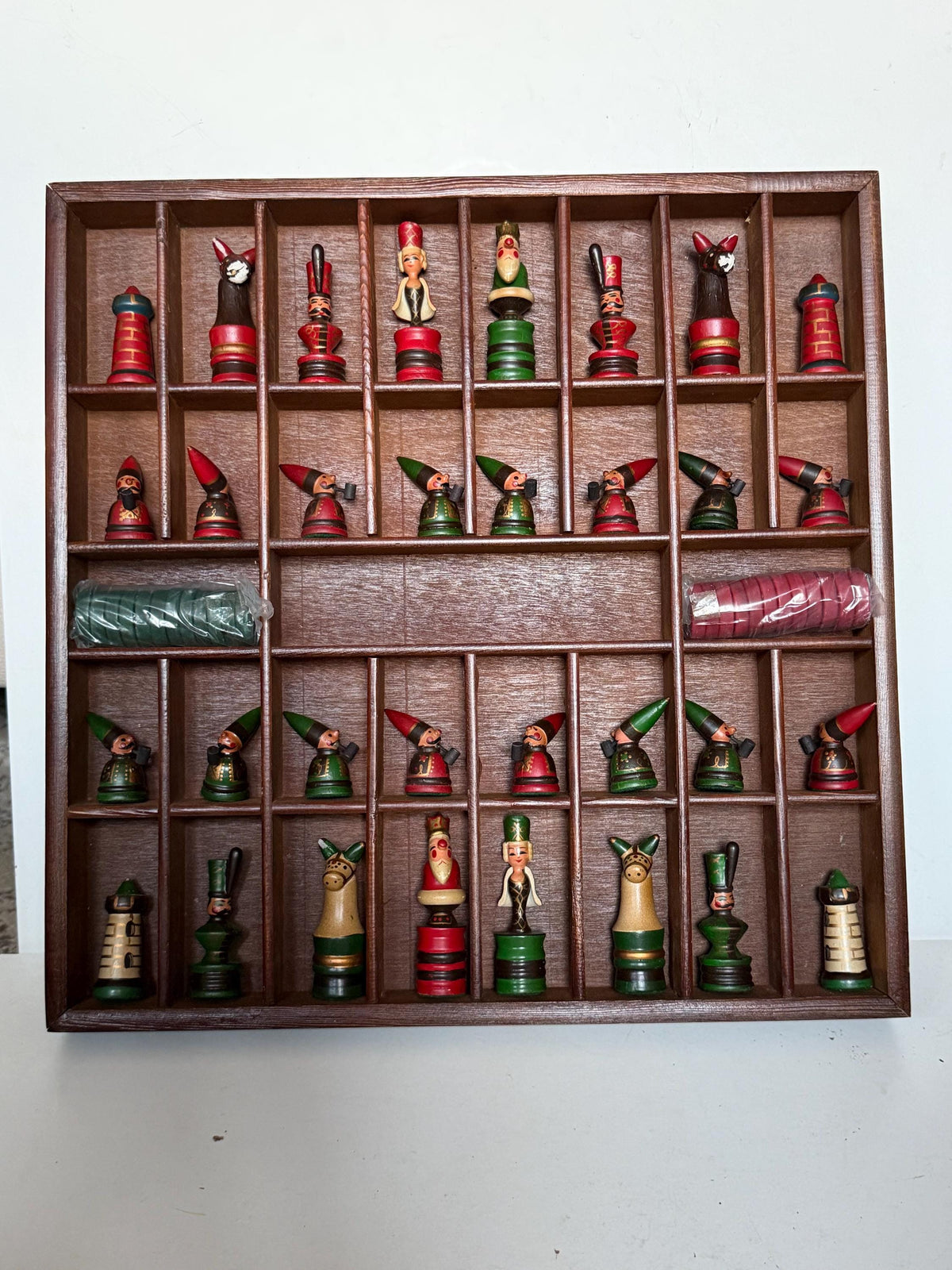 1960s Erzgebirge German Wooden Chess Set Hand Painted Folk Art Chess Checkers Complete Set also dammen and letterbak :) Nutcracker
