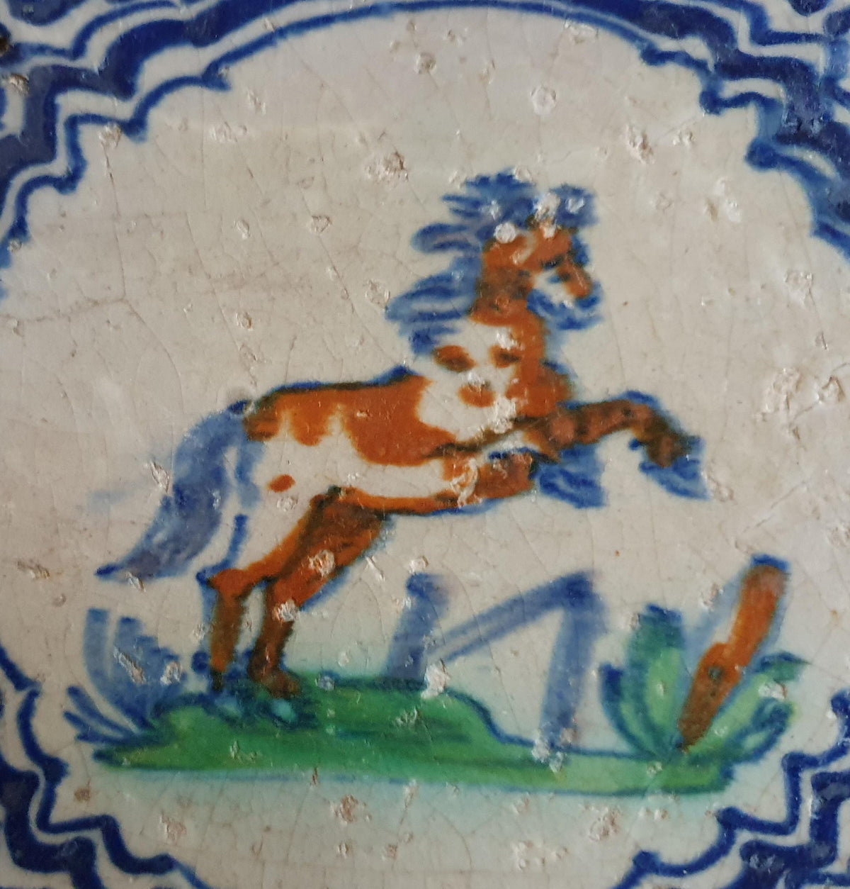 Antique Delft Tile - Polychrome  Horse in motion, Around 1640 Animaltile