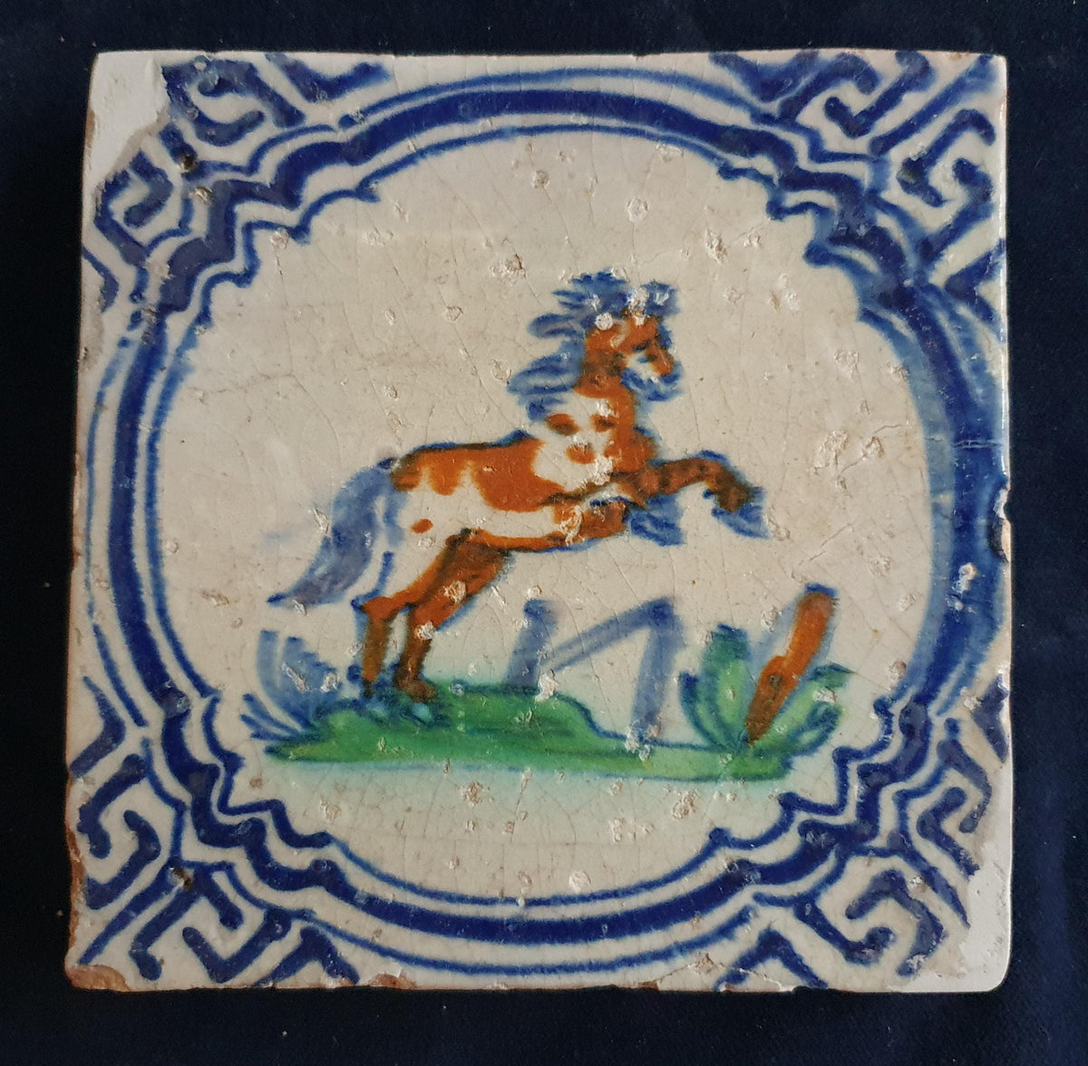 Antique Delft Tile - Polychrome  Horse in motion, Around 1640 Animaltile
