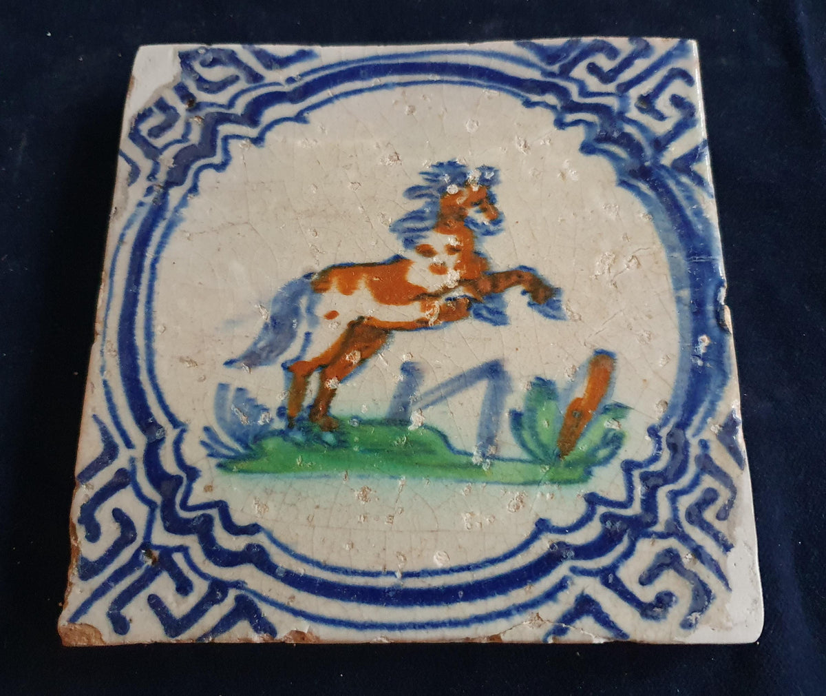 Antique Delft Tile - Polychrome  Horse in motion, Around 1640 Animaltile
