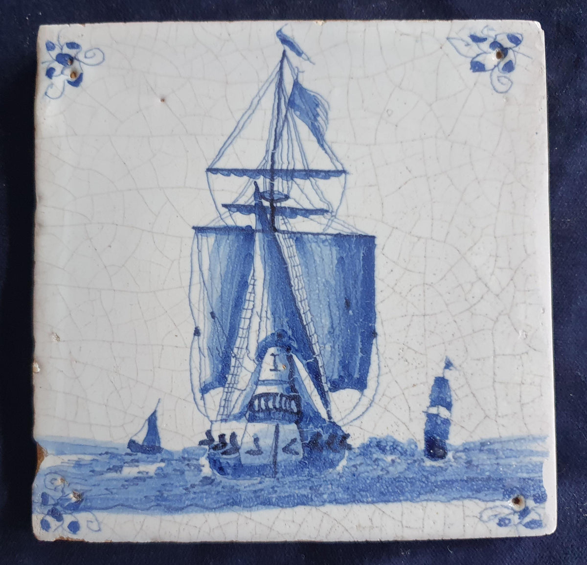 17th-century Delft tile depicts a three-masted ship . around 1660 shiptile