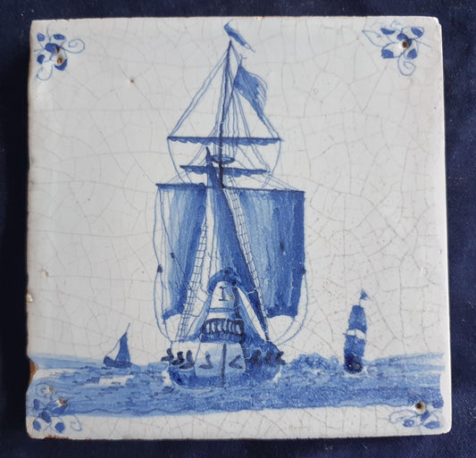 17th-century Delft tile depicts a three-masted ship . around 1660 shiptile