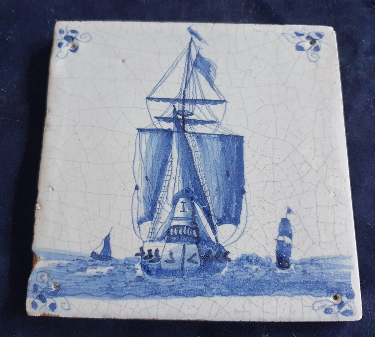17th-century Delft tile depicts a three-masted ship . around 1660 shiptile