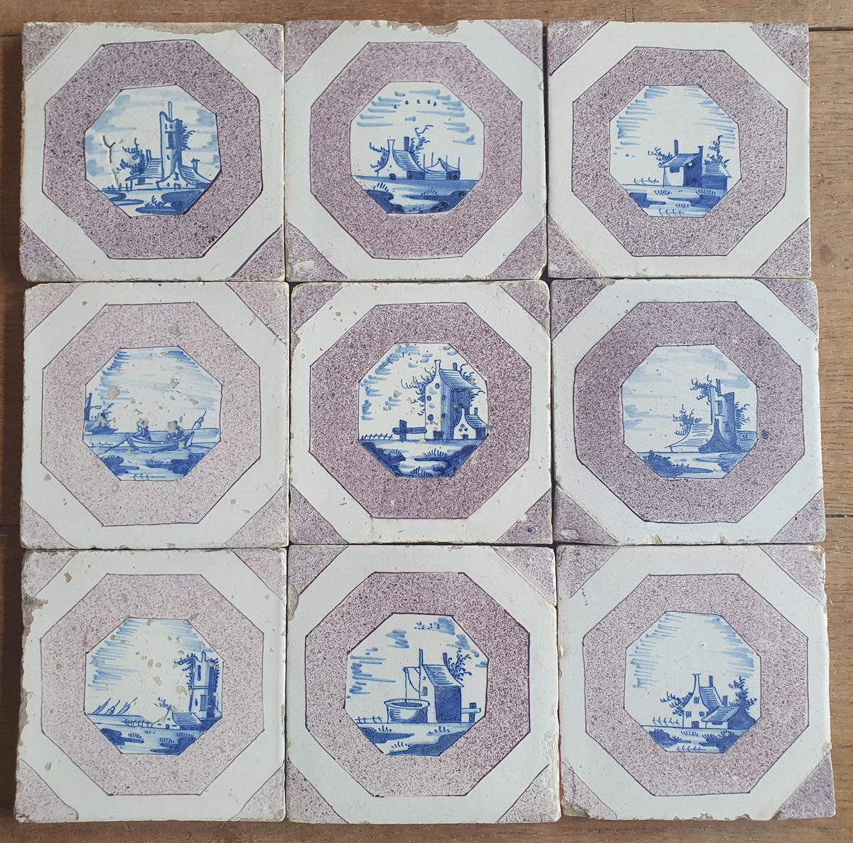 9 x 17th-century Delft tiles (c. 1680) feature landscape scenes painted in blue and manganese Wall tiles