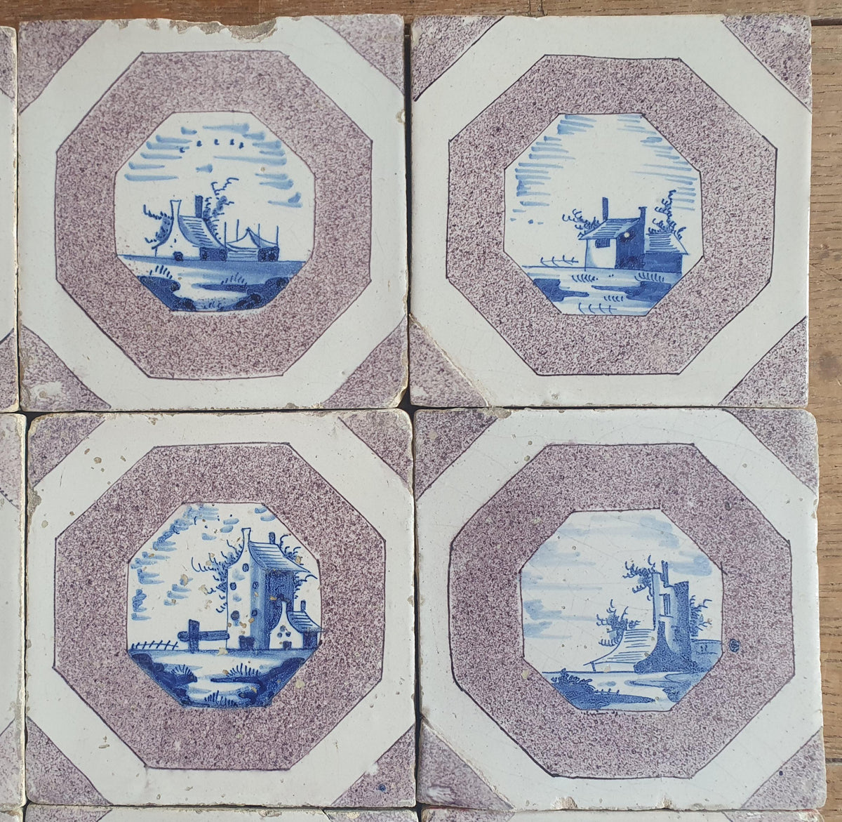 9 x 17th-century Delft tiles (c. 1680) feature landscape scenes painted in blue and manganese Wall tiles
