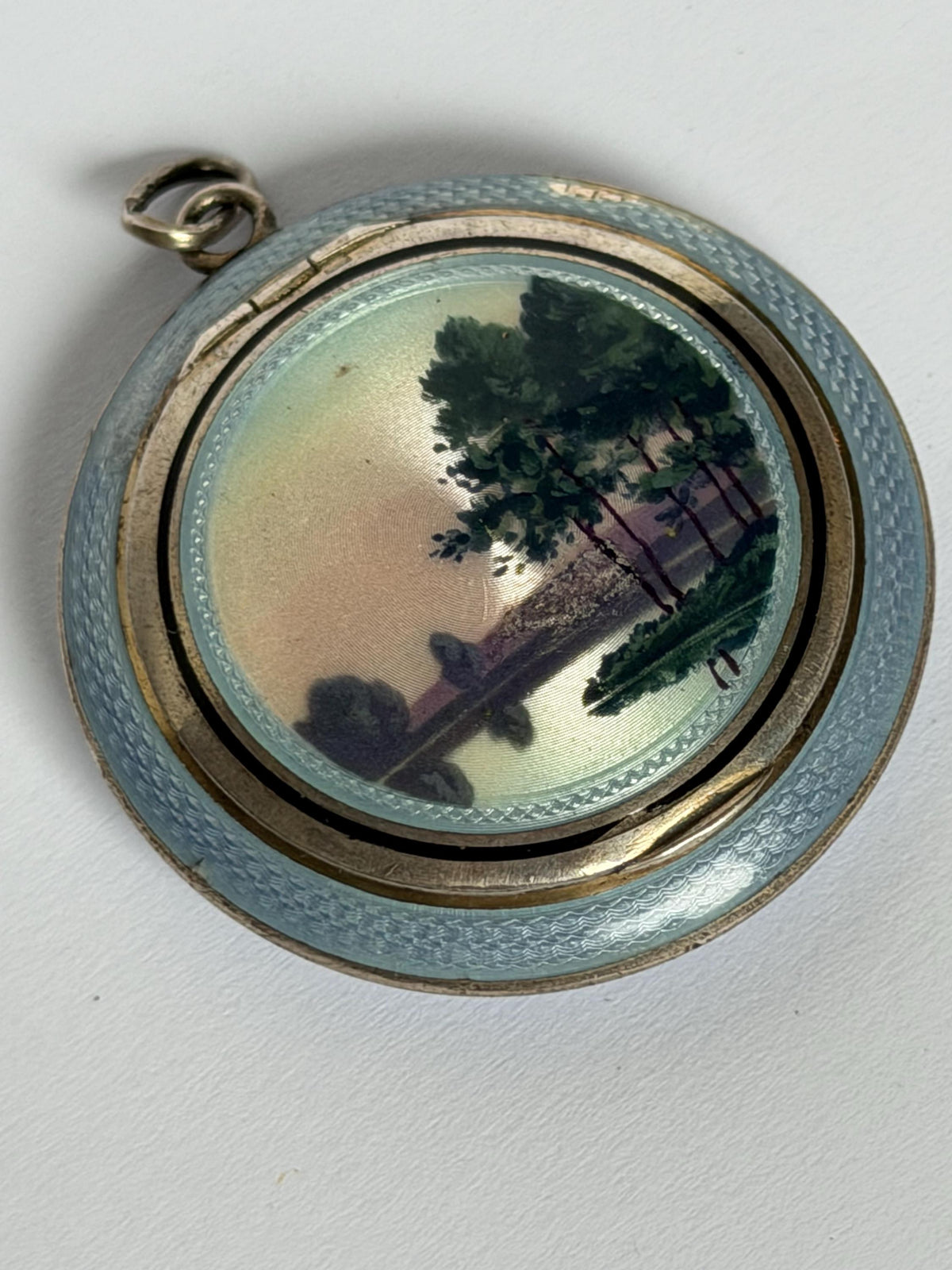 Vintage French Silver Guilloché Enamel Pendant Compact – circa 1930