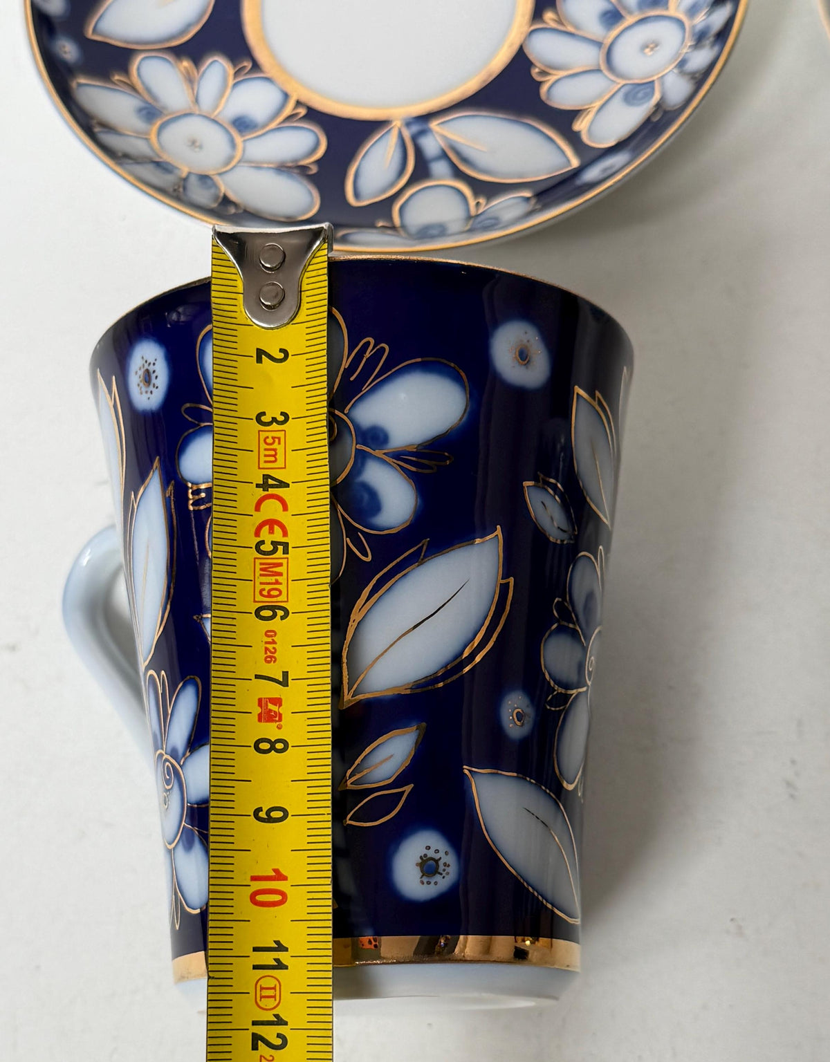 A set of 2 Lomonosov Large Cup and Saucer Cobalt Blue White Flowers 22K Gold porcelain, chocolate, tea cup xl tableware