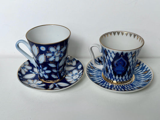 A set of 2 Lomonosov Large Cup and Saucer Cobalt Blue White Flowers 22K Gold porcelain, chocolate, tea cup xl tableware