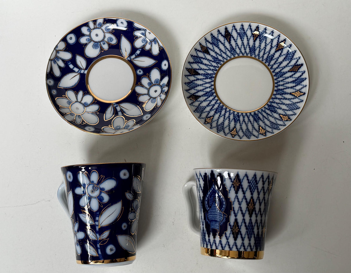 A set of 2 Lomonosov Large Cup and Saucer Cobalt Blue White Flowers 22K Gold porcelain, chocolate, tea cup xl tableware