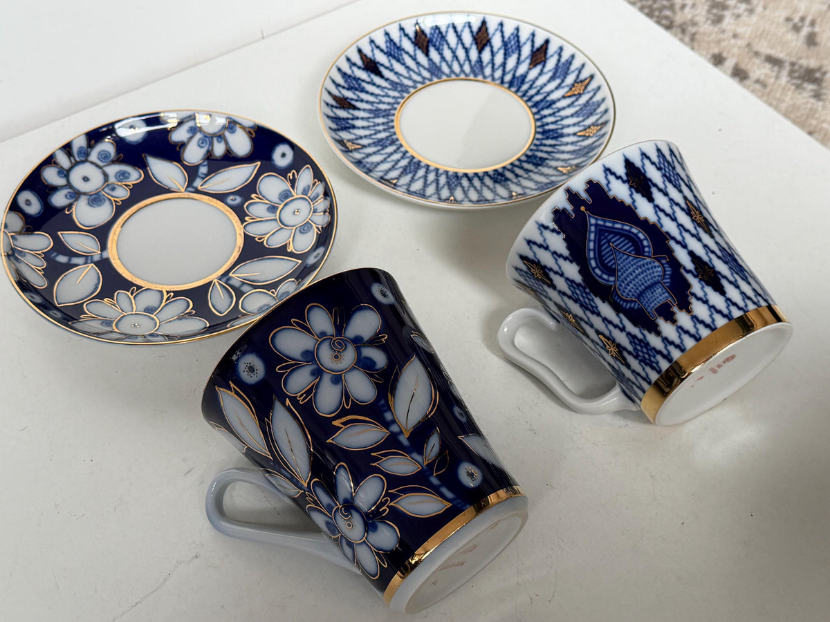A set of 2 Lomonosov Large Cup and Saucer Cobalt Blue White Flowers 22K Gold porcelain, chocolate, tea cup xl tableware