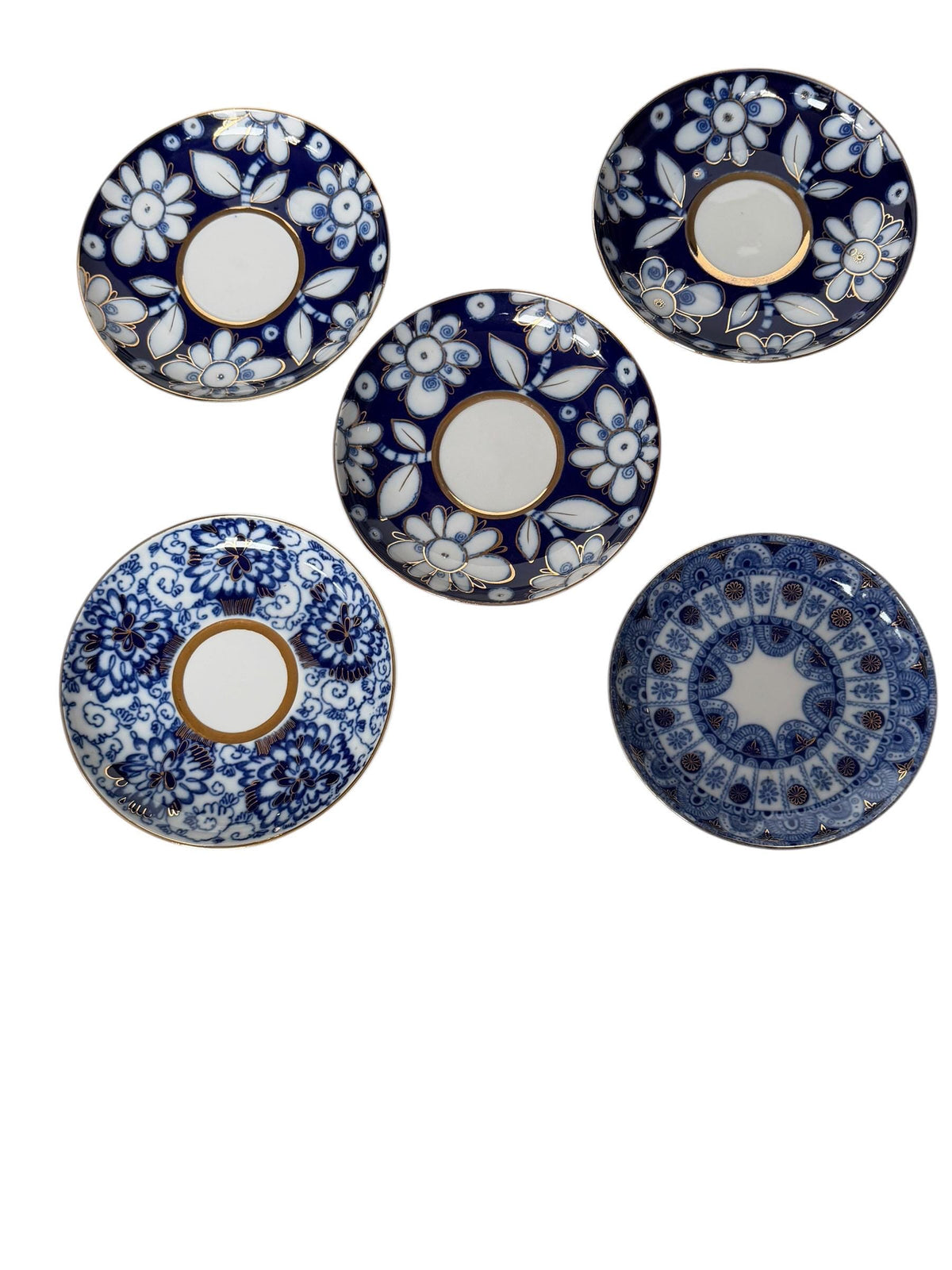 A set of 5 Lomonosov Saucer Cobalt Blue White Flowers 22K Gold porcelain,  tableware
