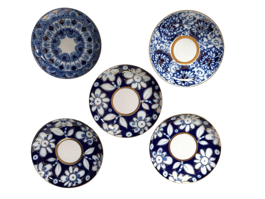 A set of 5 Lomonosov Saucer Cobalt Blue White Flowers 22K Gold porcelain,  tableware
