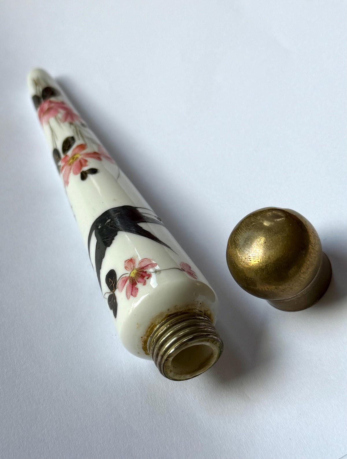19th Century Porcelain Pointed Scent Bottle Hand Painted Bird Flowers Gilt Cap ca 1875-1890 victorian inspired japanoise