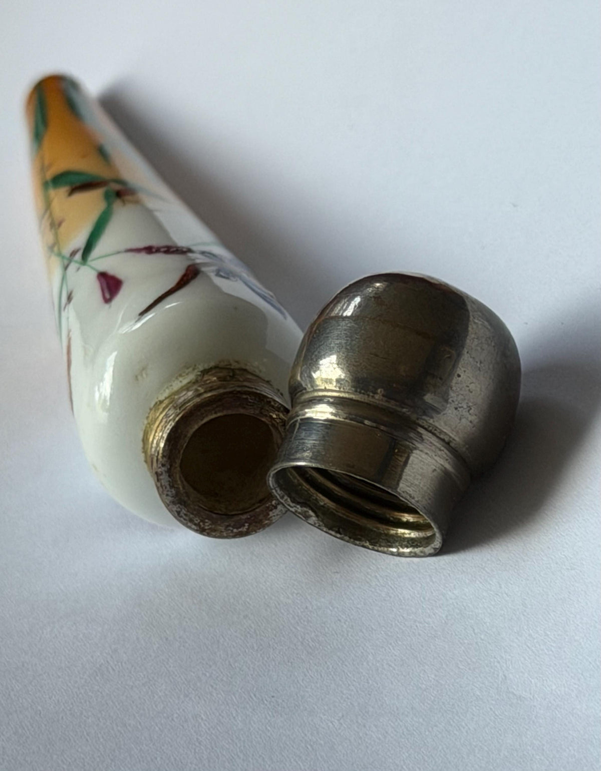 19th Century Porcelain Pointed Scent Bottle Hand Painted Bird Flowers Gilt Cap ca 1875-1890 victorian inspired japanoise