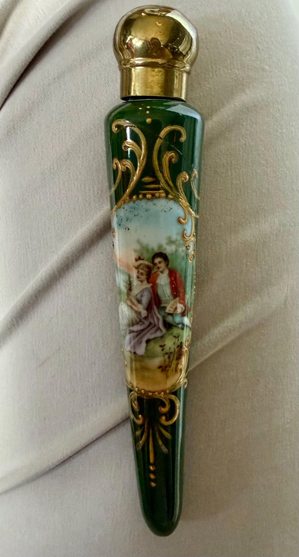 19th Century Porcelain Pointed Scent Bottle Hand Painted romantic scenery Cap ca 1875-1890 victorian british racing green