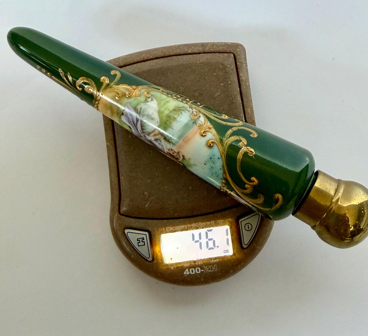 19th Century Porcelain Pointed Scent Bottle Hand Painted romantic scenery Cap ca 1875-1890 victorian british racing green