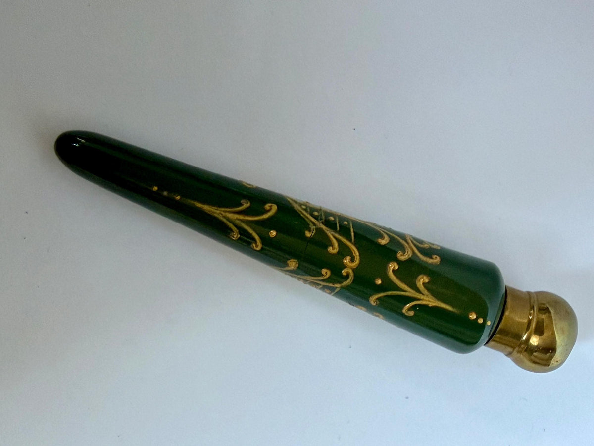 19th Century Porcelain Pointed Scent Bottle Hand Painted romantic scenery Cap ca 1875-1890 victorian british racing green