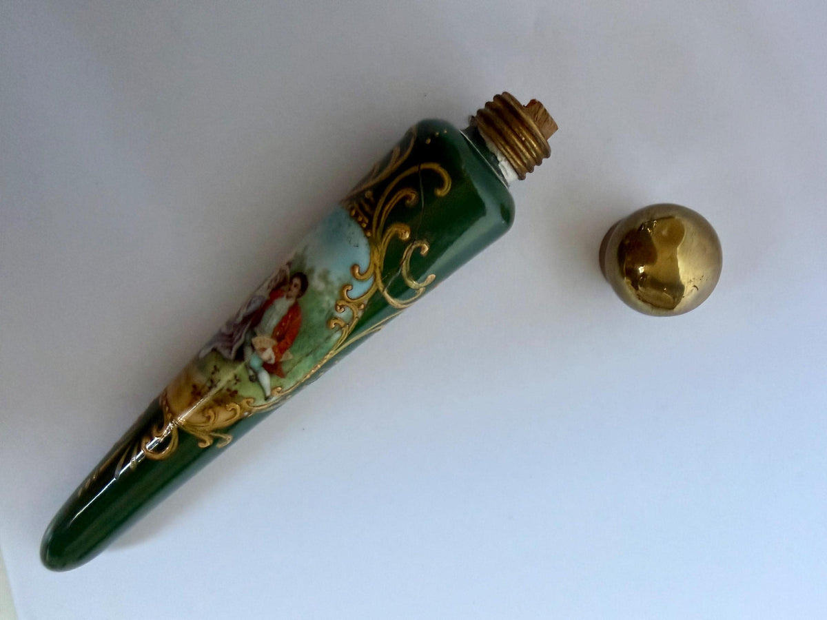 19th Century Porcelain Pointed Scent Bottle Hand Painted romantic scenery Cap ca 1875-1890 victorian british racing green