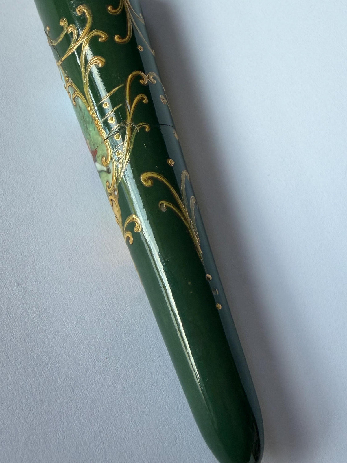 19th Century Porcelain Pointed Scent Bottle Hand Painted romantic scenery Cap ca 1875-1890 victorian british racing green