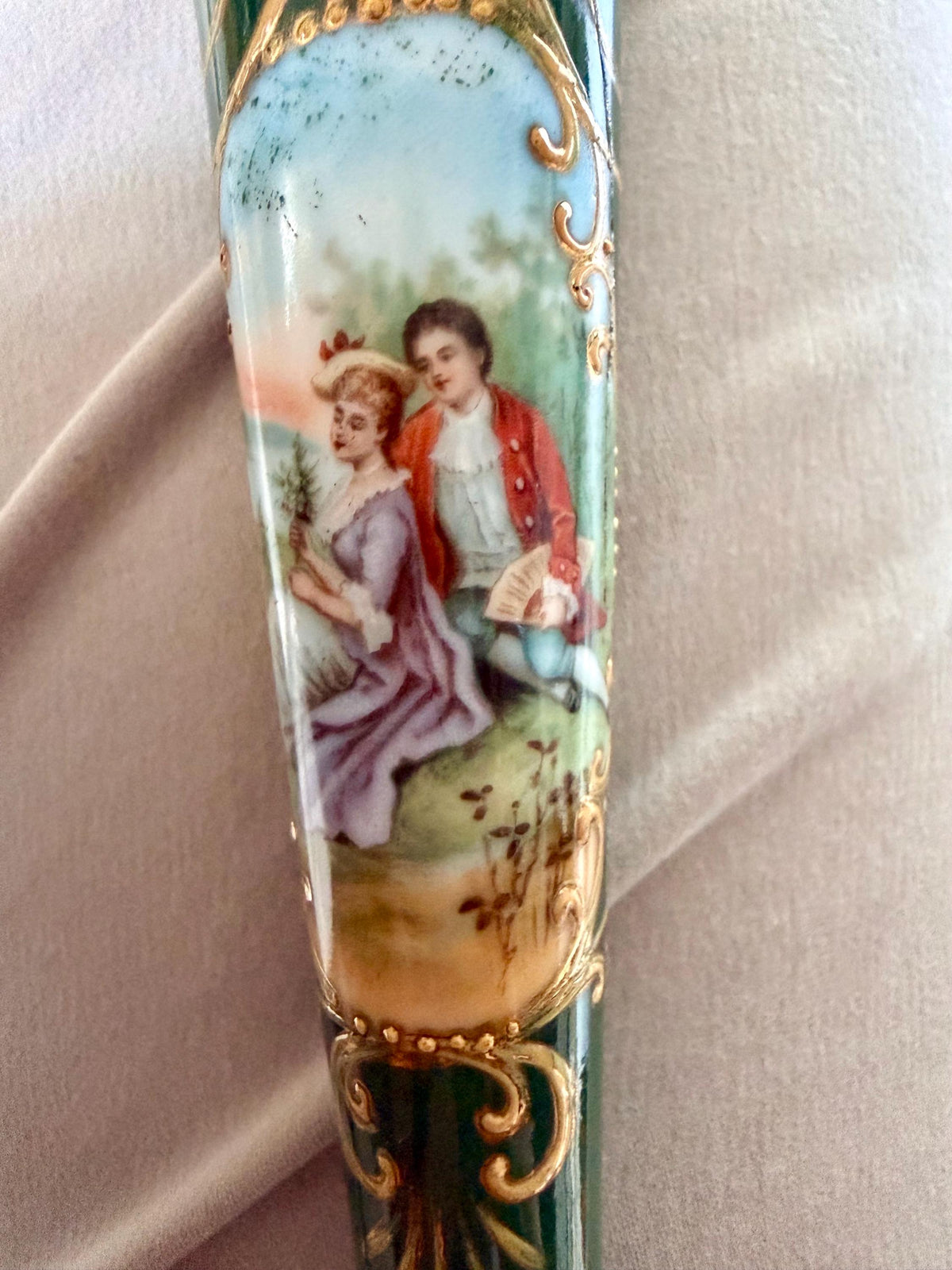 19th Century Porcelain Pointed Scent Bottle Hand Painted romantic scenery Cap ca 1875-1890 victorian british racing green