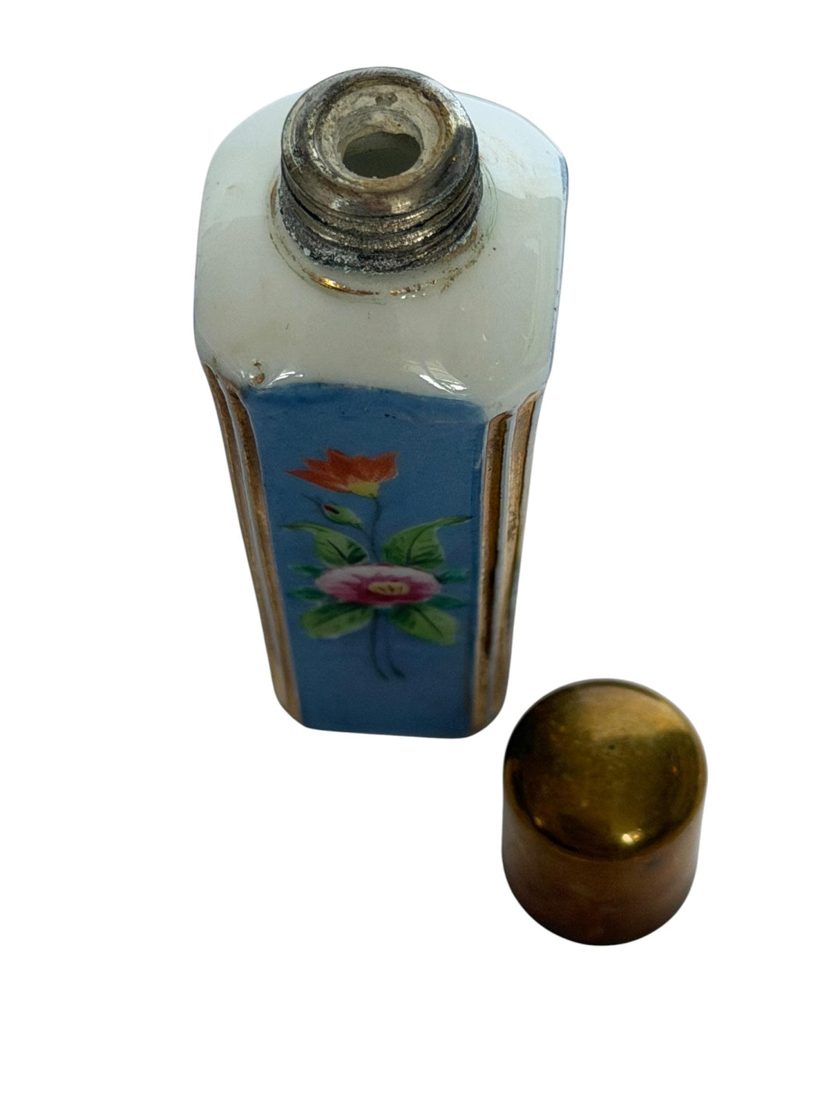 19th Century Porcelain Scent Bottle Hand Painted, Gilt Cap ca 1875-1890 victorian