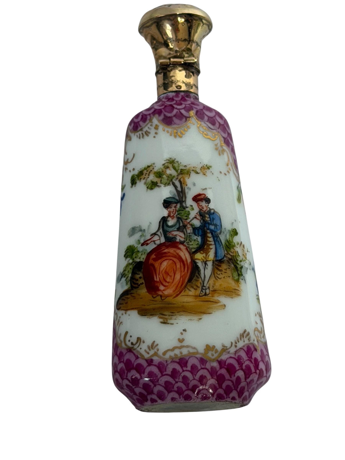 19th Century Dresden handpainted Porcelain Perfume Bottle with 14k Gold, c. 1850–1880 antique