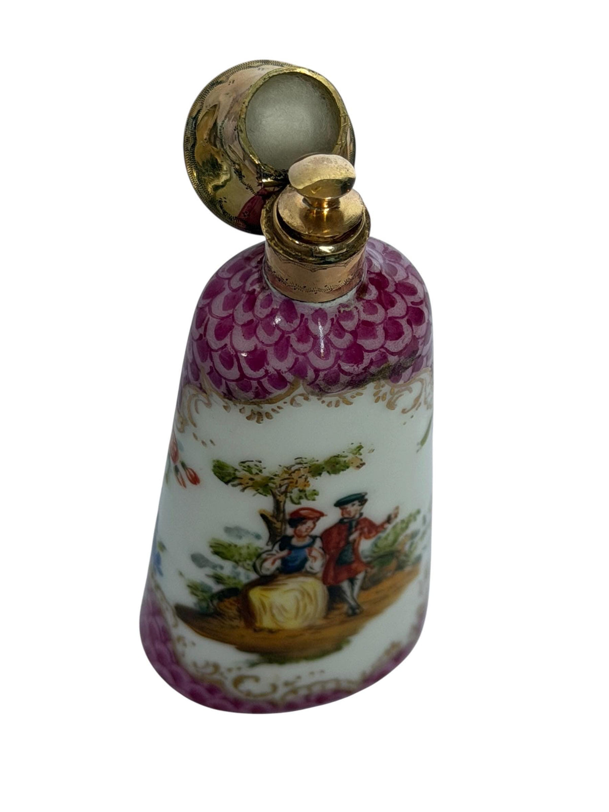 19th Century Dresden handpainted Porcelain Perfume Bottle with 14k Gold, c. 1850–1880 antique