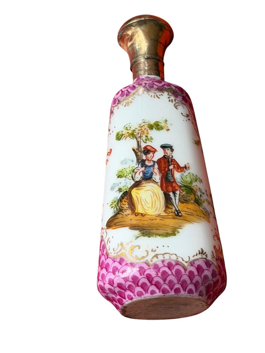 19th Century Dresden handpainted Porcelain Perfume Bottle with 14k Gold, c. 1850–1880 antique