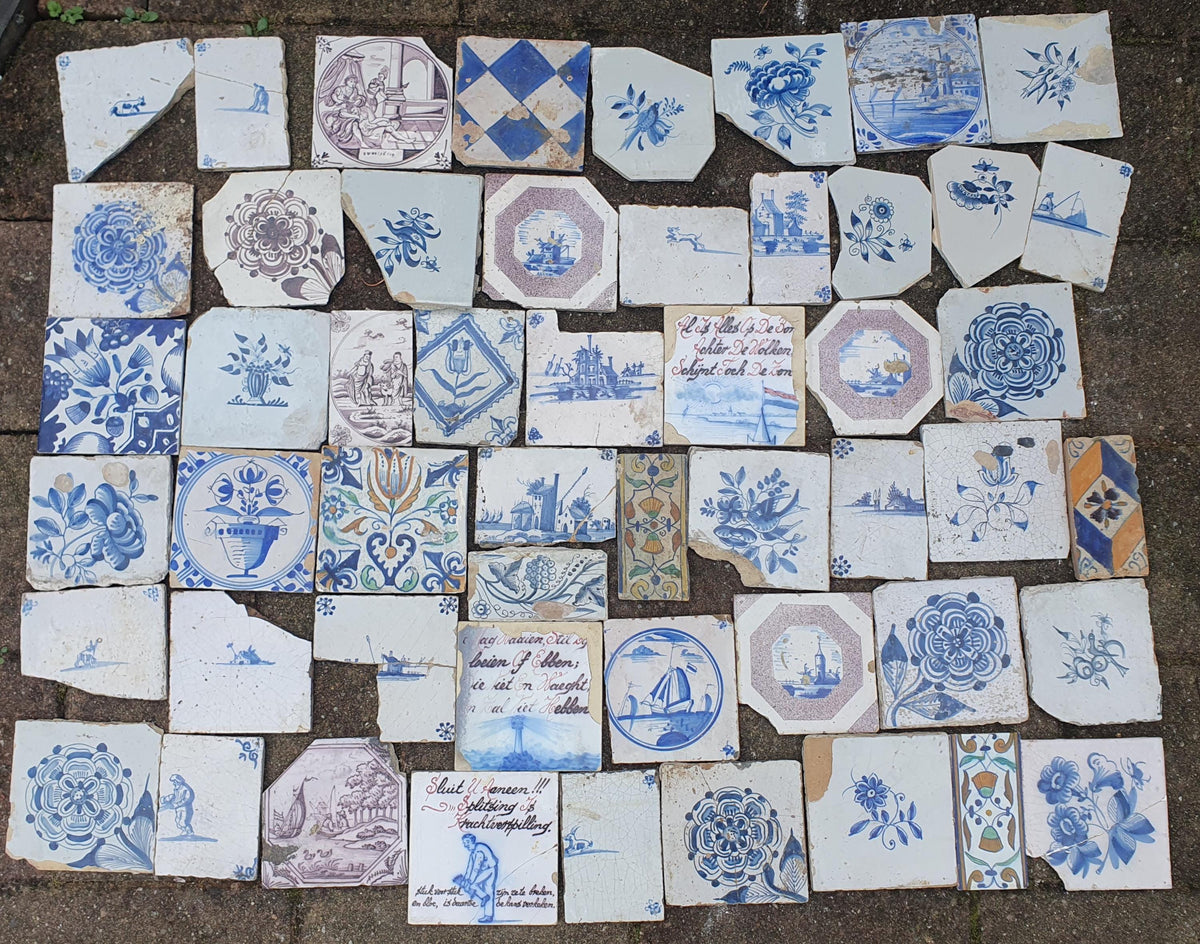 52 x Dutch Delft Blue Tile shards, mix, 17th/ 18th century, antique collectable and backsplash fireplace kitchen tiles.