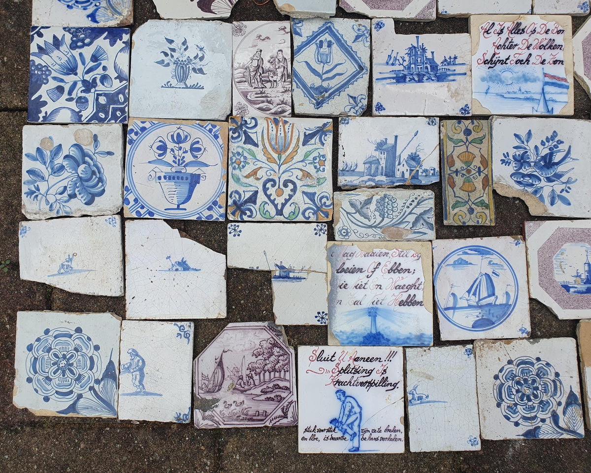 52 x Dutch Delft Blue Tile shards, mix, 17th/ 18th century, antique collectable and backsplash fireplace kitchen tiles.