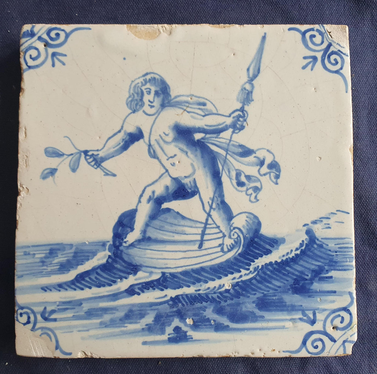 Delft tile with Sea creature salling on a seashell ,Rare . around 1640, mythicaltile