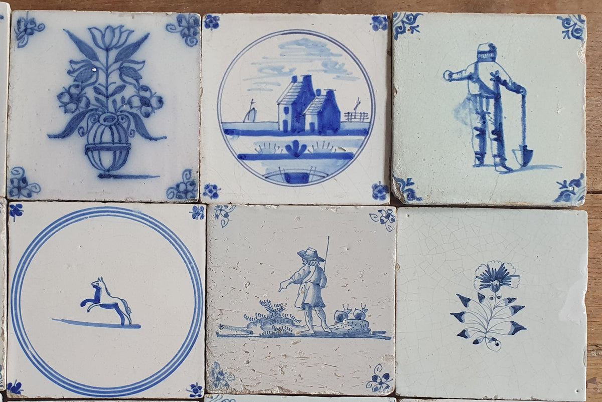 25 x Antique Delft Tiles, 17-18 th Century Dutch figuretile. Wall tiles