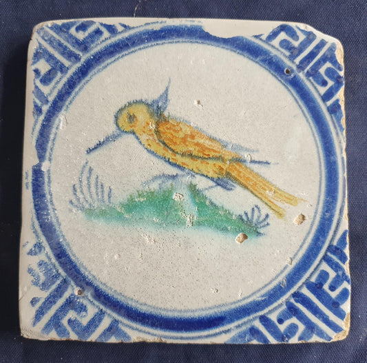 Delft tile depicts a  rare type of bird around 1640-1660.  Animaltile