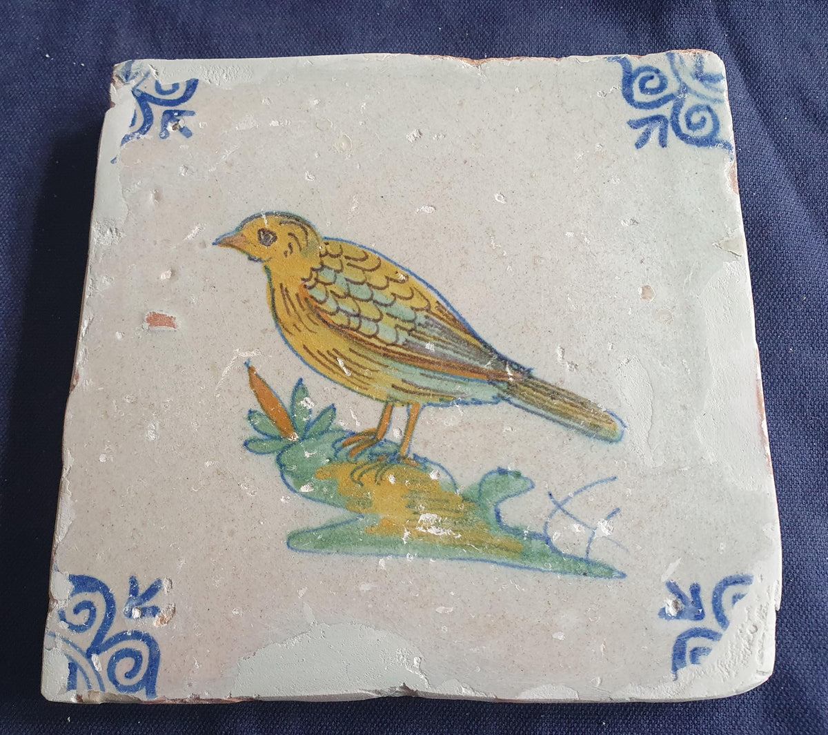 Delft tile depicting a colorful bird , around 1640.  Animaltile
