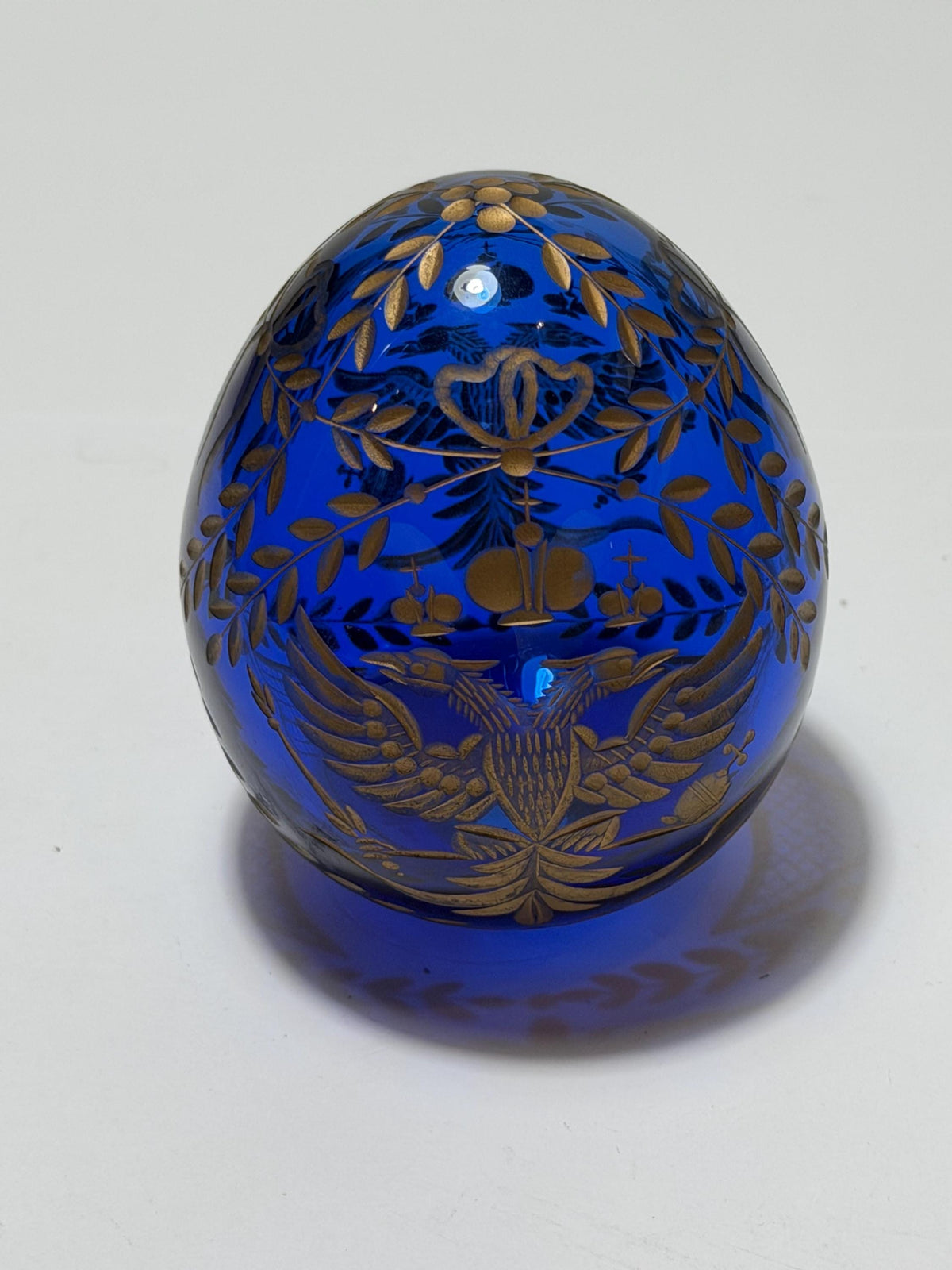 Fabergé Sapphire blue Crystal Egg, Double Eagle Gilded Symbol, Etched Lead Crystal (Collector Item) faberge