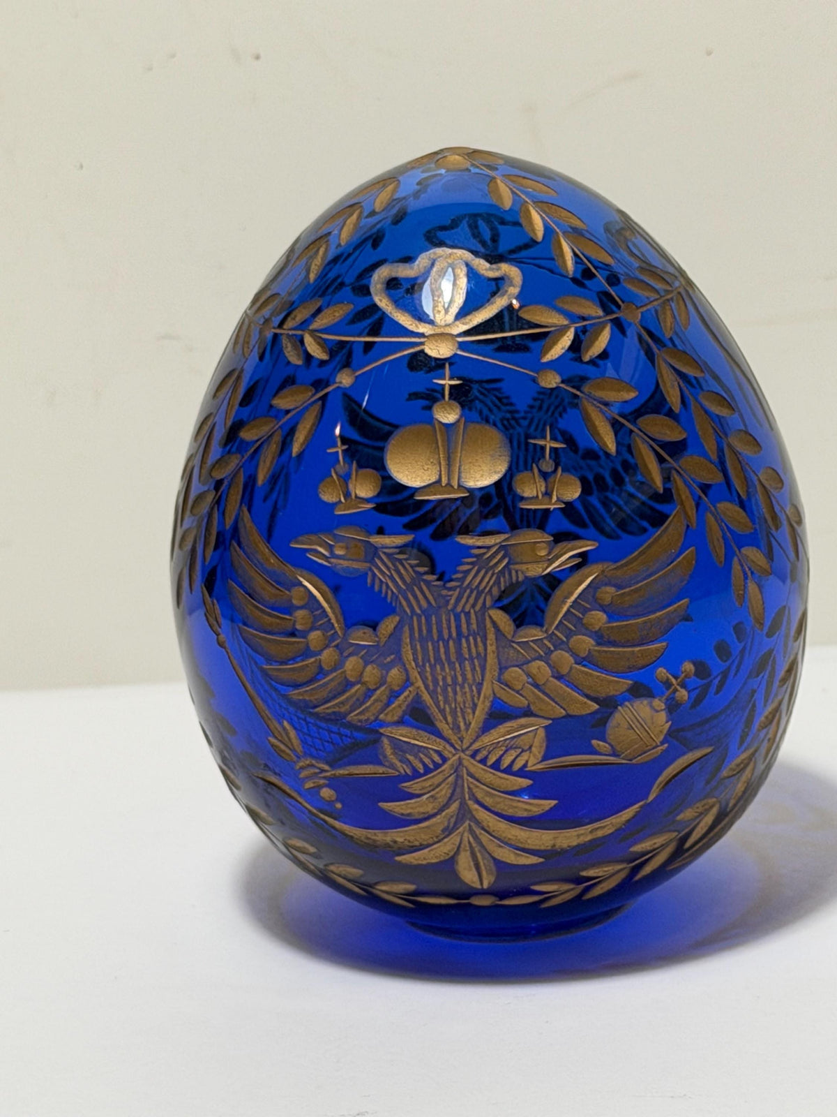 Fabergé Sapphire blue Crystal Egg, Double Eagle Gilded Symbol, Etched Lead Crystal (Collector Item) faberge