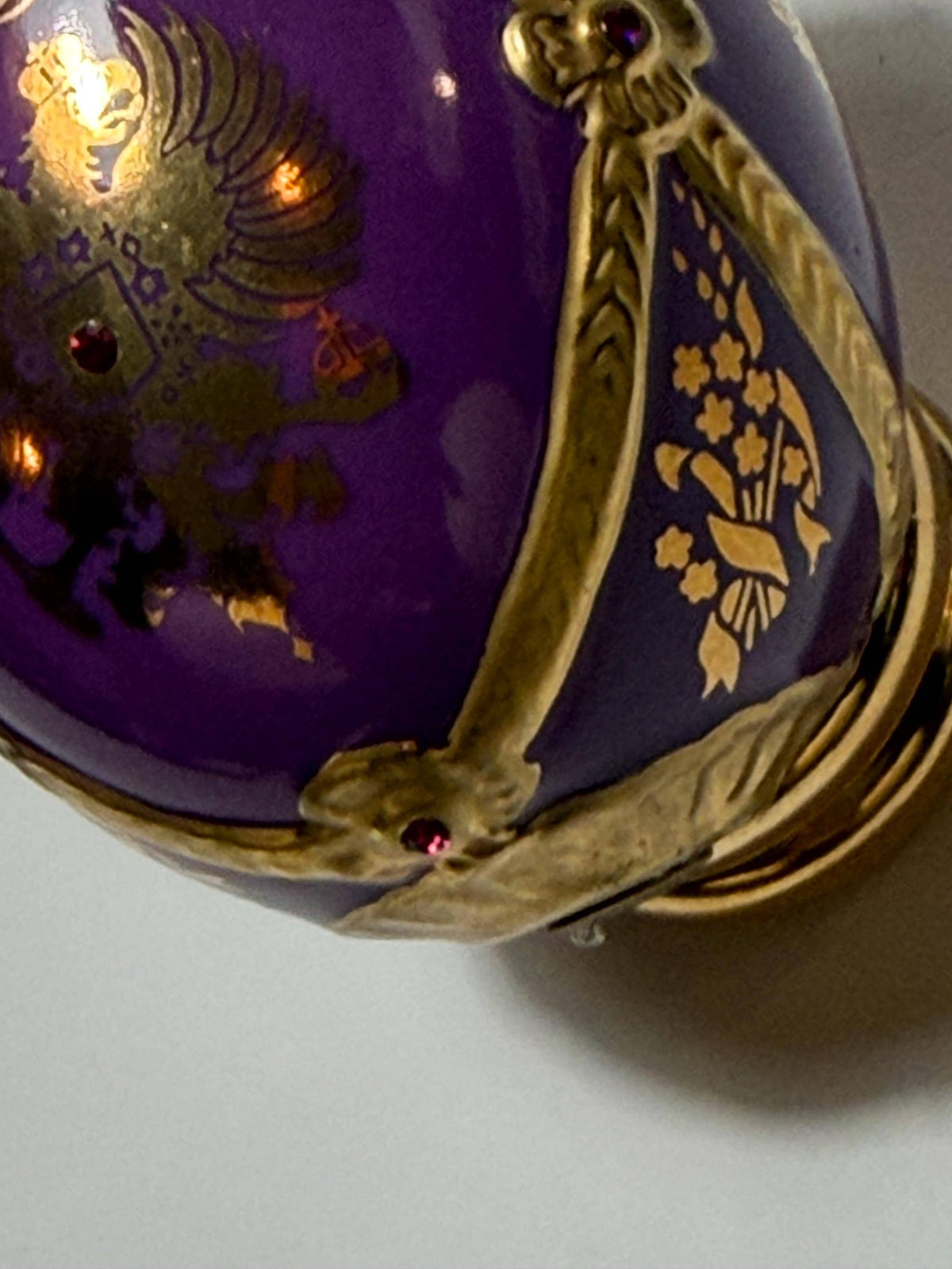 House of Fabergé porcelain Collector Egg, Faberge 24K gilt,  crystals, purple eagle faberge