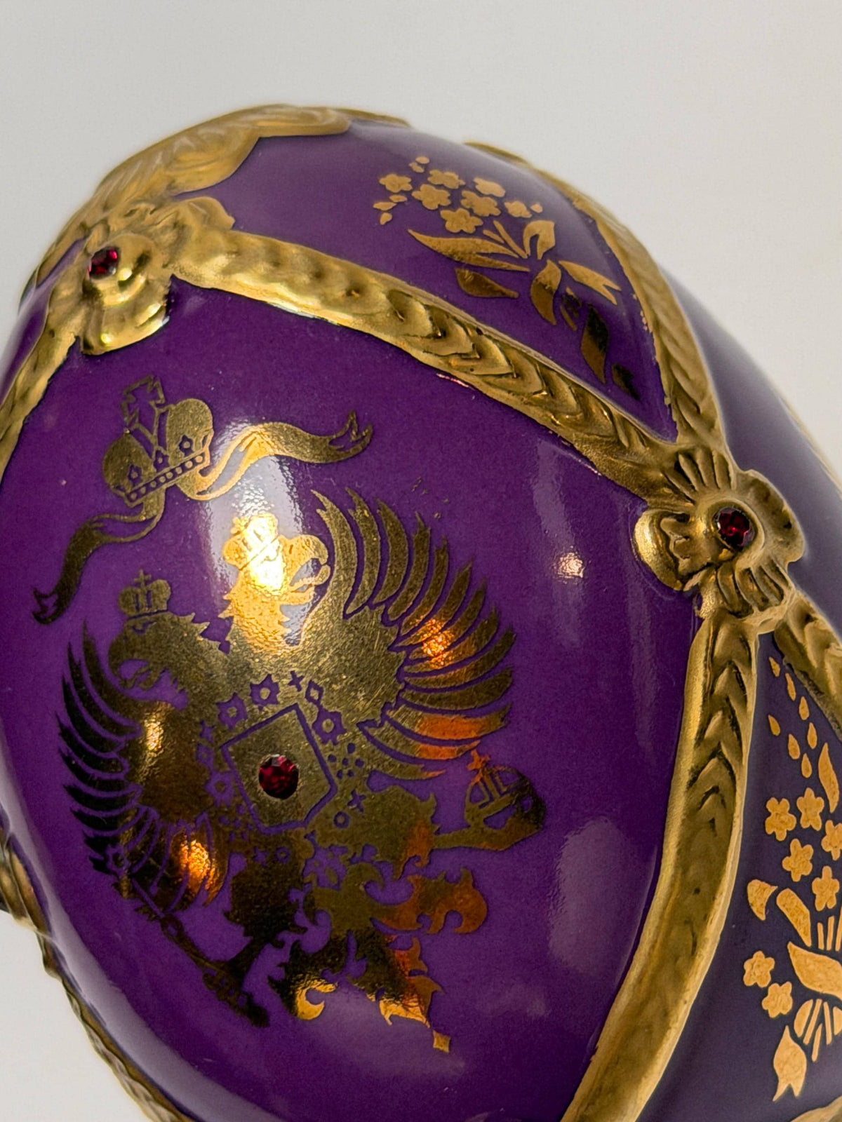 House of Fabergé porcelain Collector Egg, Faberge 24K gilt,  crystals, purple eagle faberge
