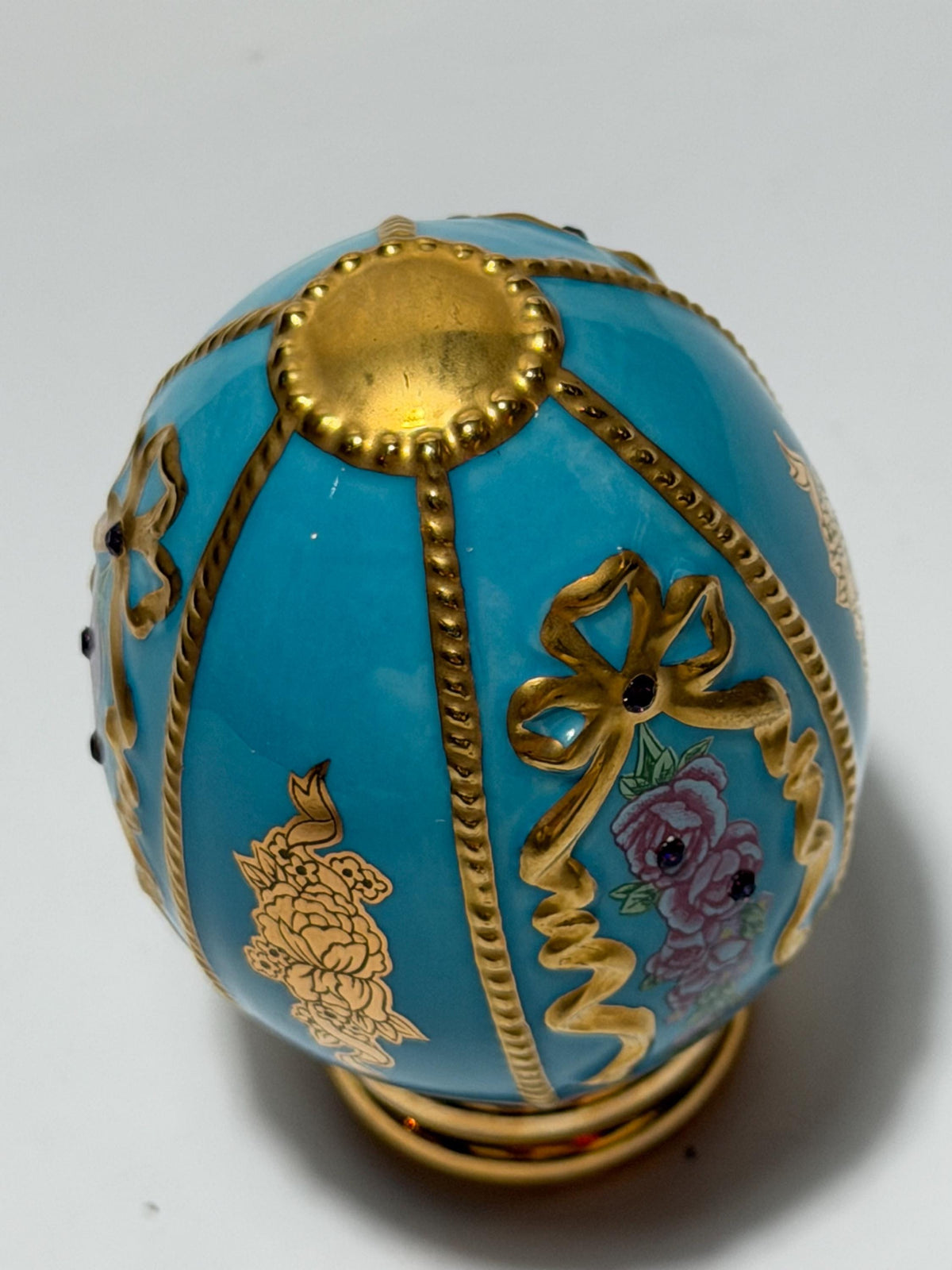 House of Fabergé turquoise porcelain Collector Egg, Faberge 24K gilt,  crystals,  faberge