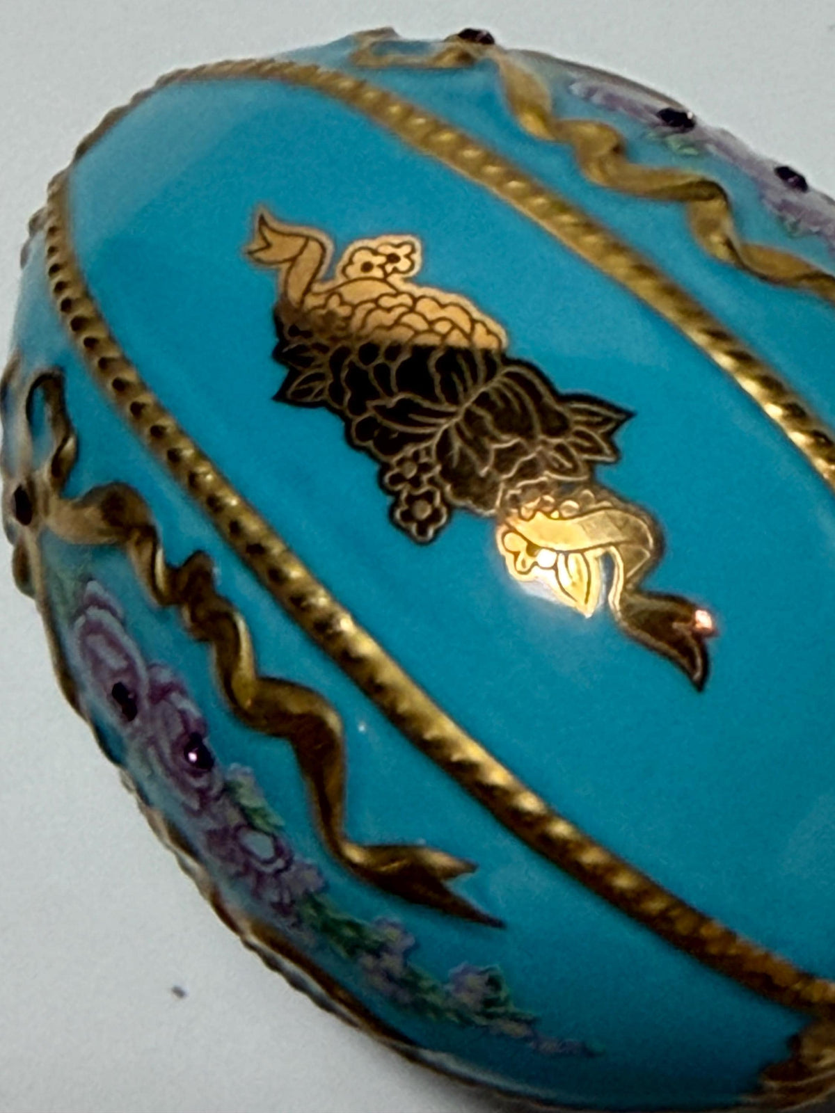 House of Fabergé turquoise porcelain Collector Egg, Faberge 24K gilt,  crystals,  faberge