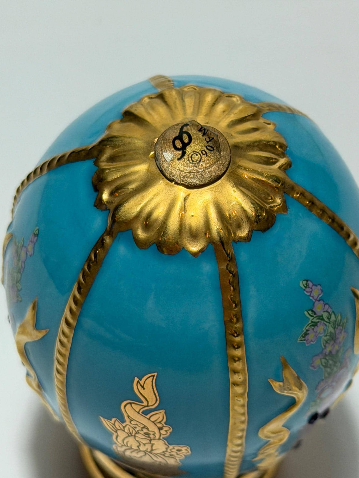 House of Fabergé turquoise porcelain Collector Egg, Faberge 24K gilt,  crystals,  faberge